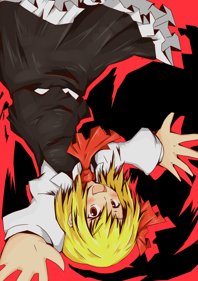 >:d, 1girl, :d, black_skirt, blouse, fang, frilled_skirt, frills