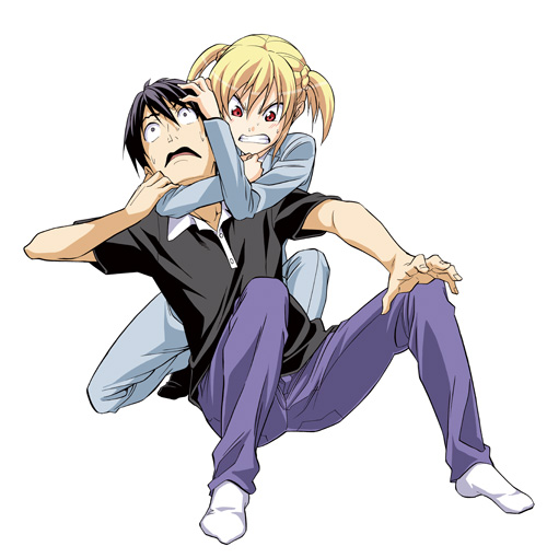 1boy, 1girl, aito_yuuki, angry, black_hair, blonde_hair, headlock, hiroyuki