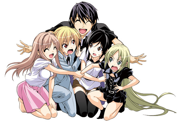 1boy, 4girls, aito_yuuki, ashisu_sahoto, black_hair, blonde_hair, blue_eyes, fuwa_rinna