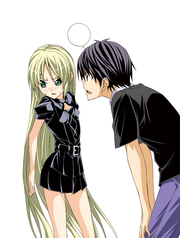 1boy, 1girl, aito_yuuki, black_hair, blonde_hair, blush, green_eyes, hiroyuki, kuroi_sena, long_hair, mangaka-san_to_assistant-san_to, short_hair, simple_background, skirt