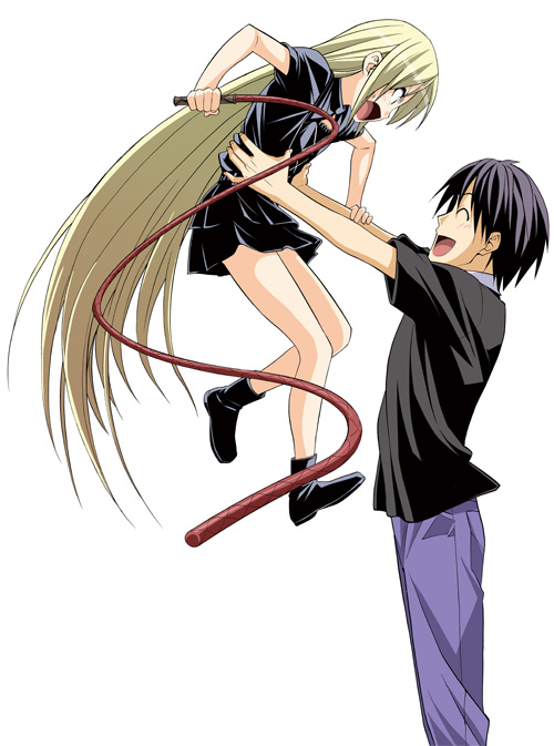 1boy, 1girl, aito_yuuki, black_hair, blonde_hair, green_eyes, hiroyuki, kuroi_sena
