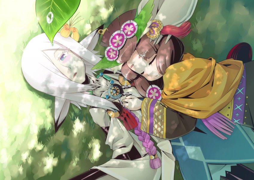 2girls, blue_eyes, brown_hair, dappled_sunlight, emaciated, closed_eyes, flower, hair_flower, hair_ornament, hair_over_one_eye, leaf, lying, minami_juujisei, multiple_girls, on_back, pointy_ears, etrian_odyssey, sekaiju_no_meikyuu_4, sleeping, sunlight, tree_shade, white_hair, wufan_(sekaiju), xiuan_(sekaiju)