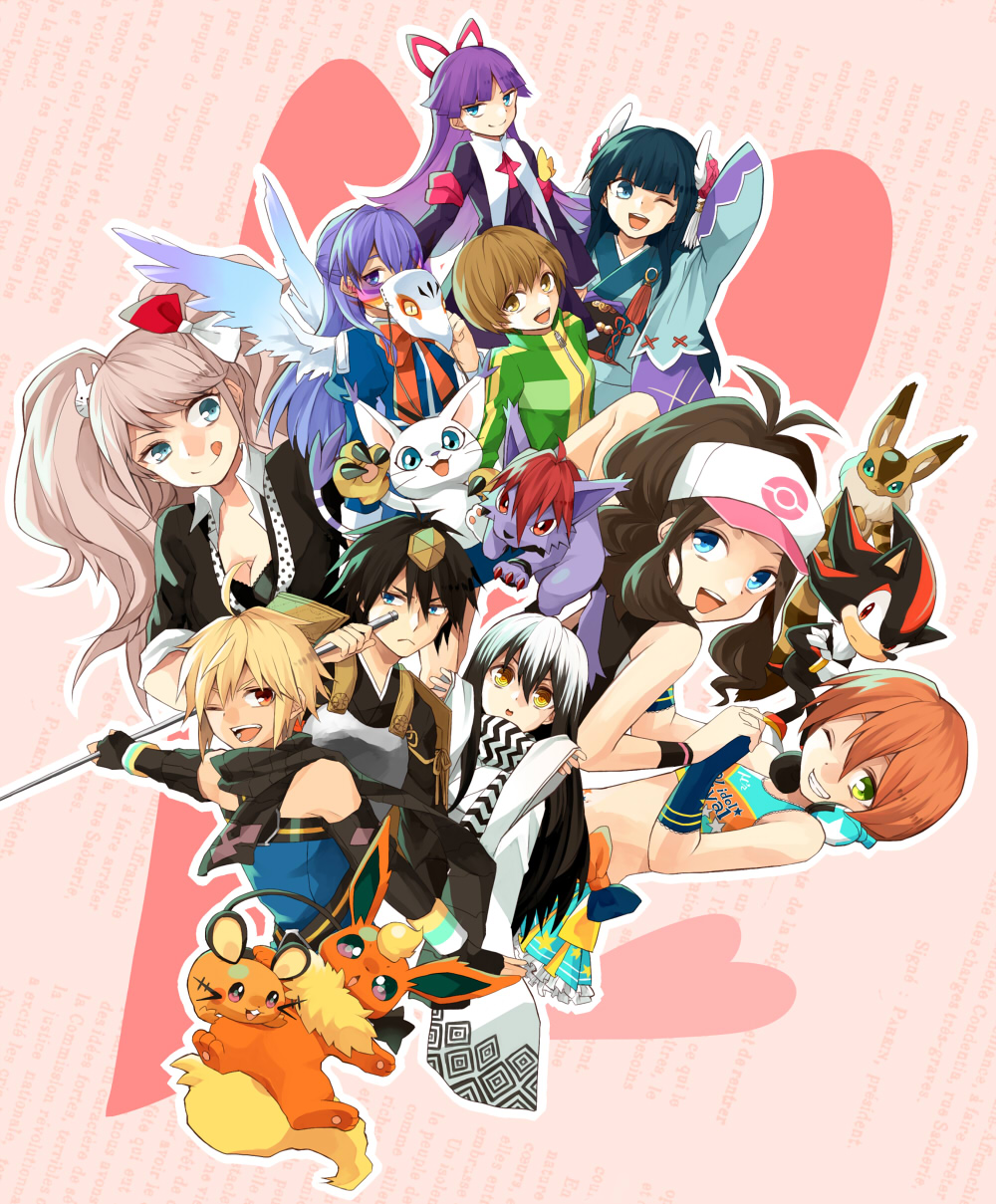 00s, 10s, 2boys, 6+girls, :q, ;d, amarisu, bad_id, bad_pixiv_id, bare_shoulders, black_hair, blonde_hair, blue_eyes, blue_hair, breasts, brown_hair, character_request, cleavage, creature, crossover, danganronpa:_trigger_happy_havoc, danganronpa_(series), dedenne, digimon, digimon_(creature), emil_castagnier, emil_castagnier_(ratatosk), enoshima_junko, everyone, feli_(puyopuyo), flareon, gen_1_pokemon, gen_6_pokemon, green_eyes, half_updo, happy, hat, highres, hilda_(pokemon), holding_hands, hoshizora_rin, jacket, japanese_clothes, kijinoki_yukishiro, kimono, long_hair, love_live!, love_live!_school_idol_project, mask, megami_tensei, momogumi_plus_senki, multicolored_hair, multiple_boys, multiple_crossover, multiple_girls, nintendo, nurarihyon_no_mago, one_eye_closed, open_mouth, persona, persona_4, pokemon, pokemon_(creature), pokemon_black_and_white, purple_hair, puyopuyo, puyopuyo_fever, red_eyes, rune_factory, rune_factory_2, satonaka_chie, scarf, sega, shadow_the_hedgehog, shin_megami_tensei, smile, sonic_(series), sword, tailmon, takaramonozu, tales_of_(series), tales_of_symphonia, tales_of_symphonia:_dawn_of_the_new_world, tokin_hat, tongue, tongue_out, two-tone_hair, weapon, white_hair, wink, yue_(rune_factory)