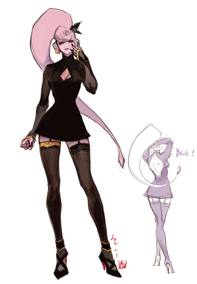 1girl, akame_(chokydaum), alien, breasts, chokydaum, cleavage, colored_skin, dragon_ball, dragon_ball_xenoverse, dragonball_z, dress, female_focus, female_majin, garter_straps, high_heels, majin_(race), monster_girl, nail_polish, pink_skin, red_eyes, short_dress, simple_background, solo, thighhighs, white_background, zettai_ryouiki