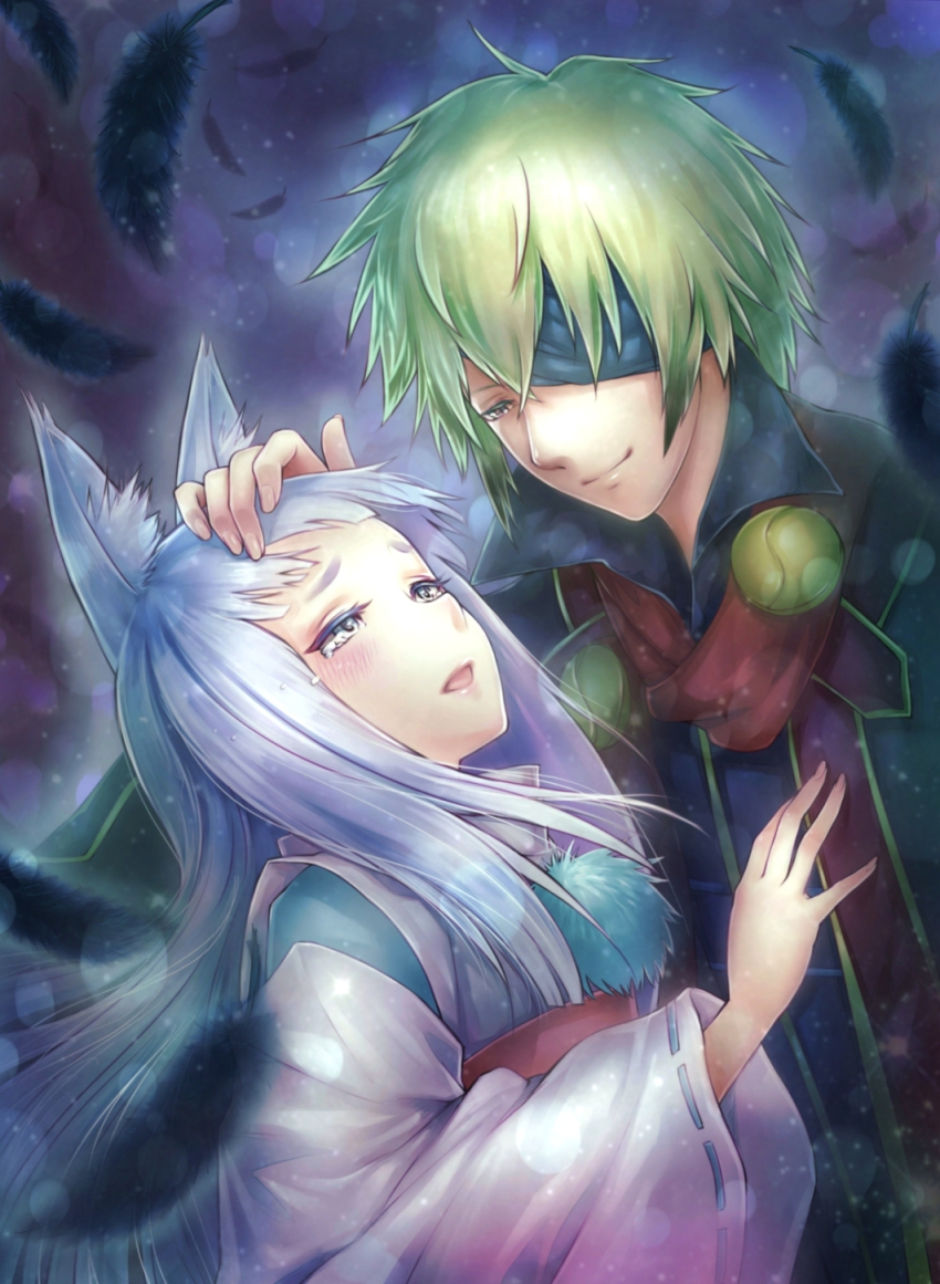 10s, 1boy, 1girl, animal_ear_fluff, animal_ears, blonde_hair, blue_eyes, blush