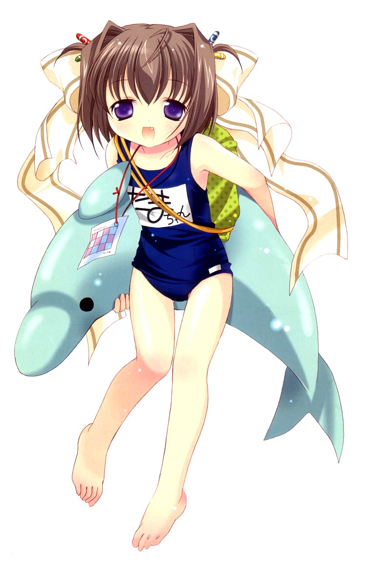 00s, 1girl, barefoot, binzume_yousei, blue_eyes, blue_one-piece_swimsuit, blue_school_swimsuit, collarbone