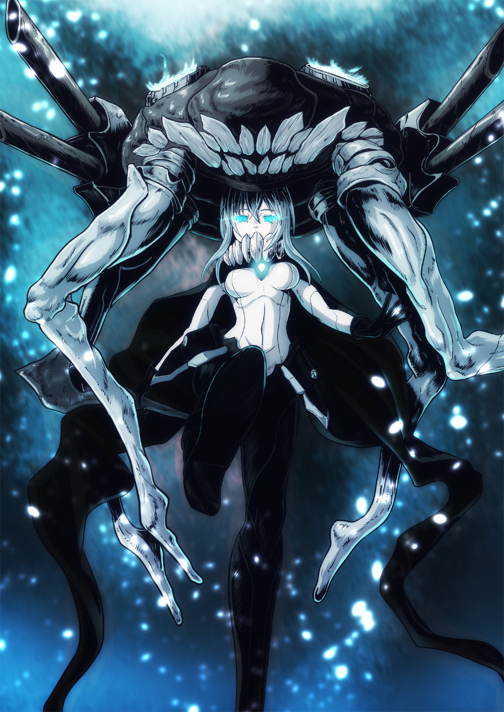 10s, 1girl, abyssal_ship, bad_id, bad_pixiv_id, blue_eyes, bodysuit, cape