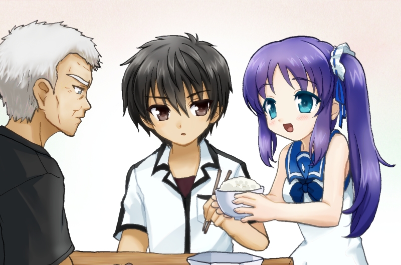 10s, 1girl, 2boys, black_hair, blue_eyes, blue_hair, bowl, brown_eyes