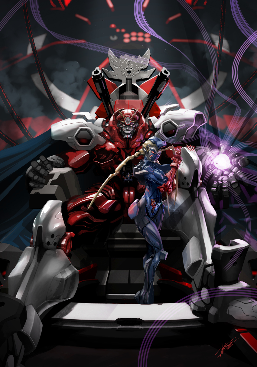 1990s_(style), 1boy, 1girl, absurdres, ahoge, armor, blonde_hair, blush