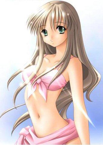 1girl, bandeau, bikini, bikini_top_only, blush, breasts, brown_hair, cleavage