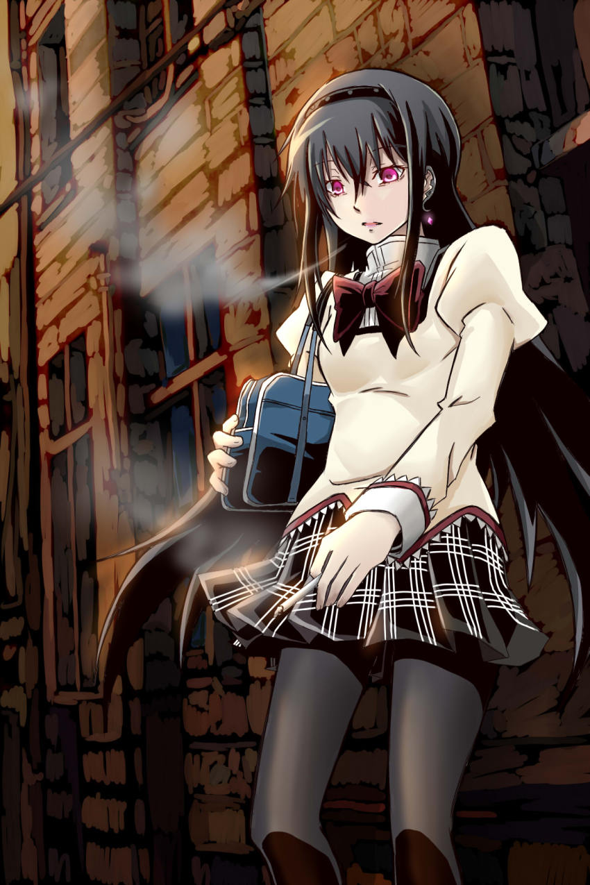 10s, 1girl, akemi_homura, bag, bags_under_eyes, black_hair, black_pantyhose, brick_wall