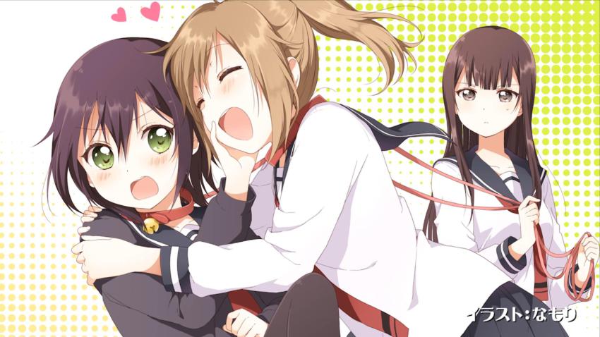 3girls, anime_screenshot, artist_name, bell, black_hair, blush, brown_eyes, brown_hair, closed_eyes, collar, collarbone, end_card, eyecatch, frown, green_eyes, hand_on_another's_face, hand_on_another's_shoulder, heart, highres, hiiragi_aki_(inugami-san_to_nekoyama-san), holding, hug, inugami-san_to_nekoyama-san, inugami_yachiyo, leash, long_hair, long_sleeves, looking_at_another, multiple_girls, namori, neck_bell, nekoyama_suzu, open_mouth, ponytail, pushing_away, sweatdrop, yuri