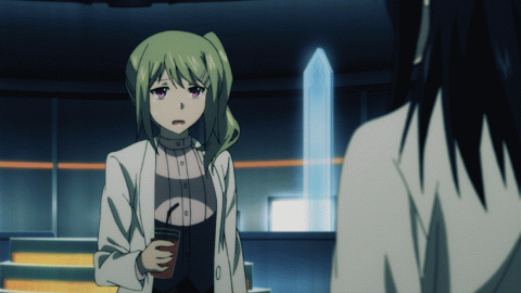 10s, 2girls, akatsuki_moegi, akatsuki_reina, animated, animated_gif, black_hair, blonde_hair, blue_eyes, bouncing_breasts, breasts, lab_coat, long_hair, lowres, multiple_girls, short_hair, strike_the_blood, tongue