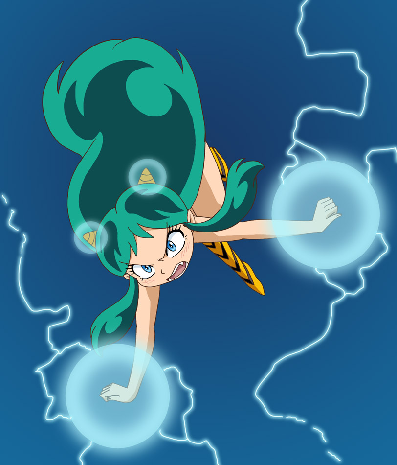 1girl, angry, blue_eyes, electricity, fangs, green_hair, horns, lum, oni, sei009, urusei_yatsura