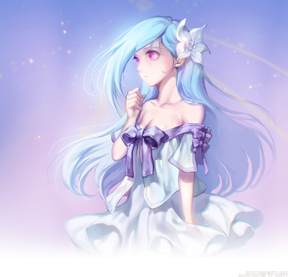 1girl, bare_shoulders, benya_(tales_weaver), blue_hair, bow, breasts, caesty, children_of_the_rune, cleavage, dress, female_focus, flower, fringe_trim, hair_flower, hair_ornament, long_hair, off-shoulder_dress, off_shoulder, petals, pink_eyes, small_breasts, solo, tales_weaver