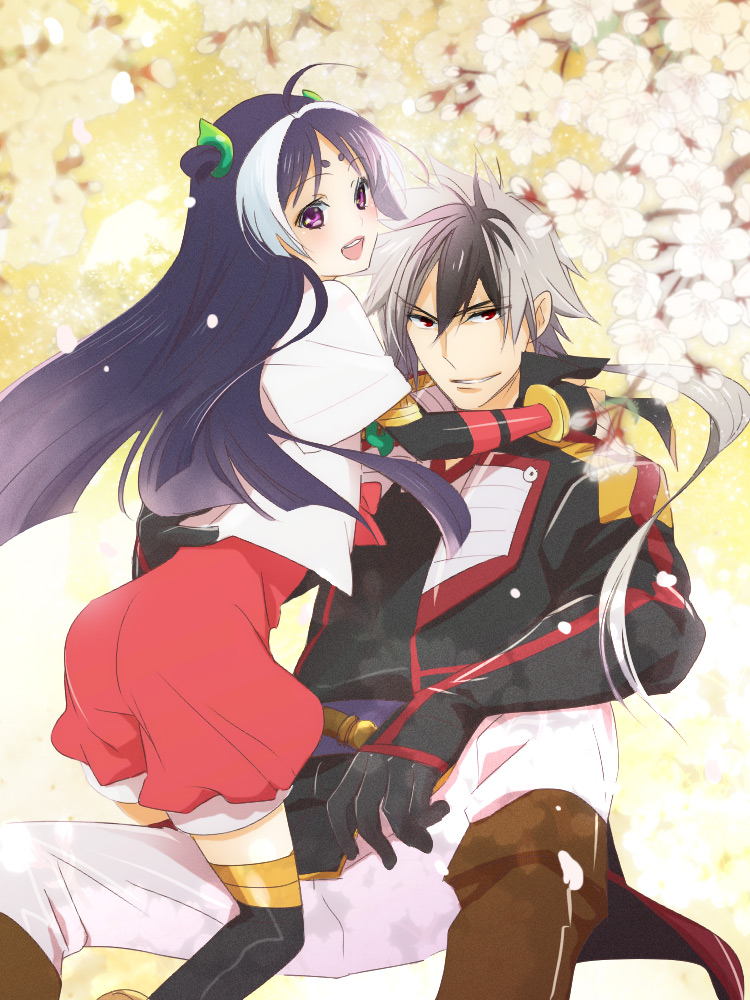 10s, 1boy, 1girl, black_hair, f-tani, grey_hair, himiko_(nobunaga_the_fool), long_hair