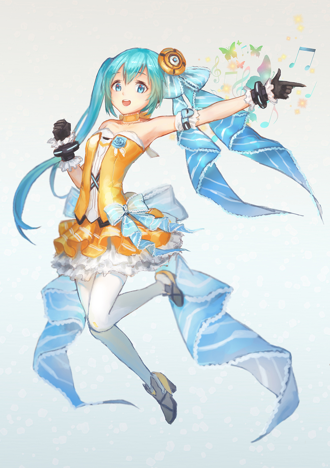 1girl, :d, absurdly_long_hair, alternate_hairstyle, anniversary, aqua_eyes, aqua_hair, arm_garter
