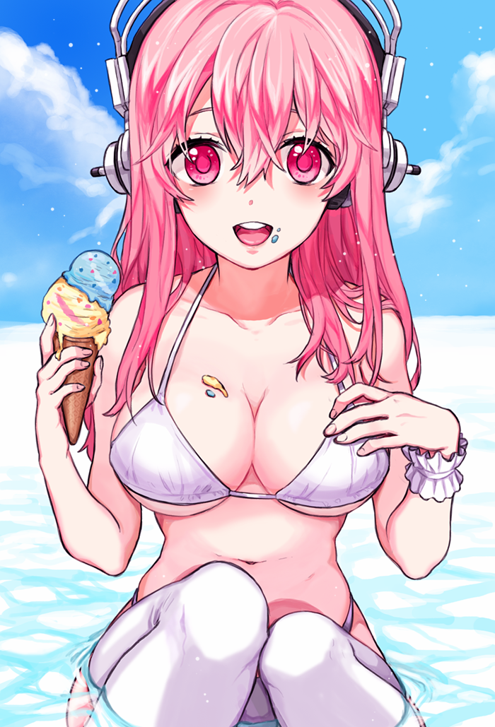 1girl, bad_id, bad_pixiv_id, bikini, blush, breasts, cleavage, female_focus, food, headphones, hum_(fpswp777), ice_cream, ice_cream_cone, large_breasts, long_hair, looking_at_viewer, nitroplus, open_mouth, partially_submerged, pink_eyes, pink_hair, solo, strap_gap, super_sonico, swimsuit, thighhighs, water, white_bikini, white_thighhighs, wrist_cuffs