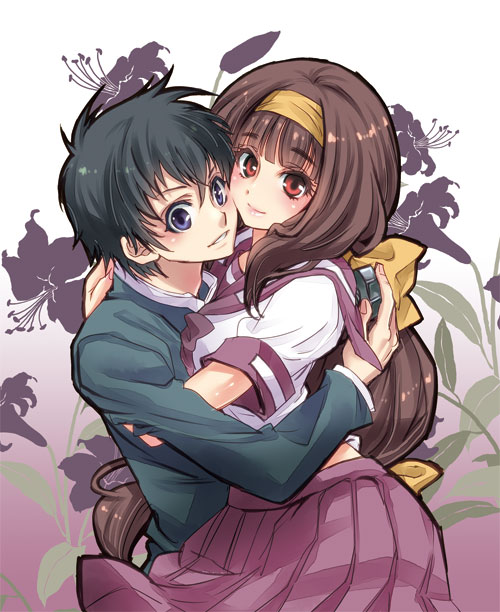 00s, 1boy, 1girl, ajimu_najimi, black_hair, blue_eyes, bow, brown_hair