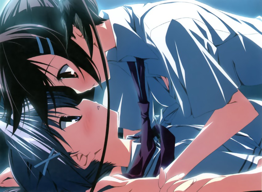 2girls, black_hair, blue_eyes, blue_hair, blush, brown_eyes, hair_ornament, hairclip