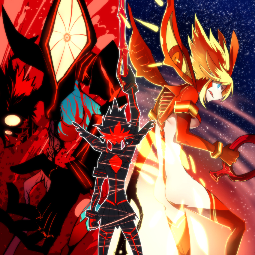 10s, 1girl, berserk_ryuuko, black_hair, blonde_hair, highres, kill_la_kill, matoi_ryuuko, monster, multicolored_hair, multiple_persona, red_hair, scissor_blade_(kill_la_kill), senketsu, senketsu-kisaragi, spoilers, takatsuki_nato, two-tone_hair, yotakano