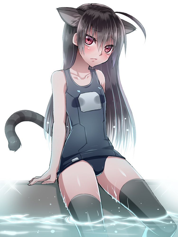 1girl, animal_ears, black_hair, cat_ears, emappo, long_hair, name_tag, one-piece_swimsuit