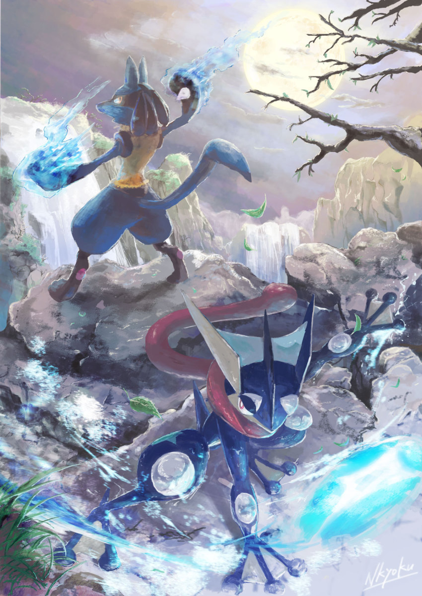 aura, full_moon, furry, gen_4_pokemon, gen_6_pokemon, greninja, highres, leaf, liquid_weapon, lucario, moon, nintendo, nkyoku, pokemon, pokemon_(creature), red_eyes, shuriken, super_smash_bros., water, weapon