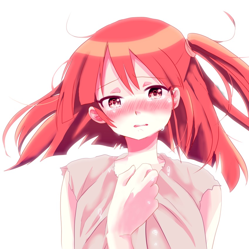 1boy, 1girl, absurdres, alibaba_saluja, azpainter_(medium), blush, clothes_grab, couple, crying, embarrassed, female_focus, highres, magi_the_labyrinth_of_magic, mohumohu0811, morgiana, red_eyes, red_hair, short_hair, side_ponytail, solo, tears