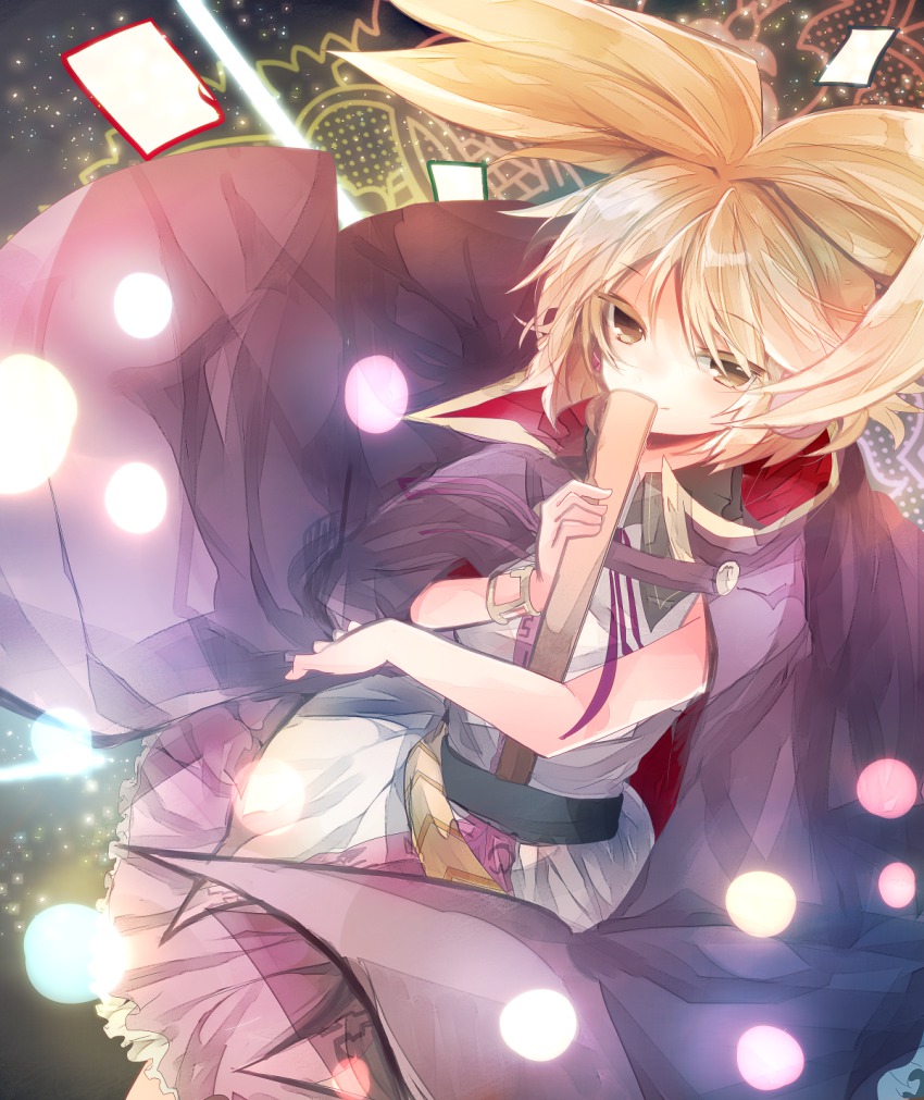 1girl, bad_id, bad_pixiv_id, bare_arms, belt, blonde_hair, bracelet, cape