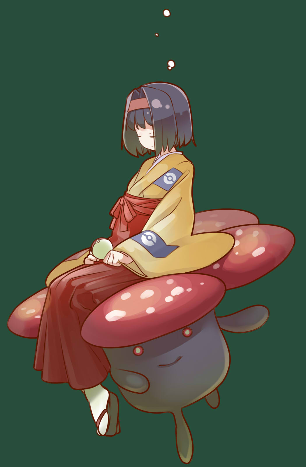 00s, 1girl, black_hair, blush, closed_eyes, erika_(pokemon), gen_1_pokemon, gym_leader, hairband, hakama, hakama_skirt, highres, japanese_clothes, kimono, nintendo, poke_ball, pokemon, pokemon_(creature), pokemon_firered_and_leafgreen, red_hakama, short_hair, sitting, sitting_on_head, sitting_on_person, skirt, smile, suzuki_ritsu, vileplume