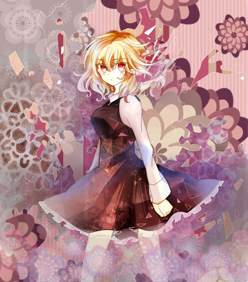 1girl, blonde_hair, clenched_hands, colored_eyelashes, dress, female_focus, hair_ribbon, highres