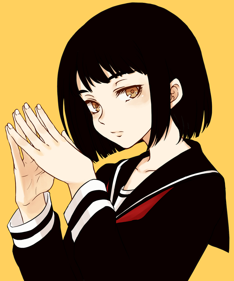 1girl, black_hair, black_serafuku, bob_cut, brown_eyes, female_focus, haruhito_(divineshalt), looking_at_viewer