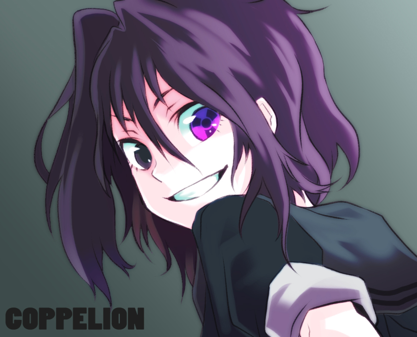 1girl, amazake, amazake_(c_kashi1010), black_eyes, close-up, coppelion, copyright_name, female_focus, grin, heterochromia, ichikawa_meisa, looking_at_viewer, looking_back, multicolored_eyes, purple_eyes, purple_hair, radiation_symbol, sailor_collar, school_uniform, serafuku, side_ponytail, sleeves_rolled_up, smile, solo, symbol-shaped_pupils