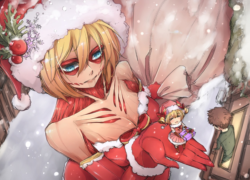 1girl, 2boys, annie_leonhart, armin_arlert, bad_id, bad_pixiv_id, blonde_hair, blue_eyes, chibi, christmas, crossdressing, elbow_gloves, female_titan, from_above, giant, giantess, gift, gift_bag, gloves, highres, in_palm, jean_kirstein, minimill, multiple_boys, pannakotta, sack, santa_costume, shingeki_no_kyojin, short_hair, snow, titan_(shingeki_no_kyojin)