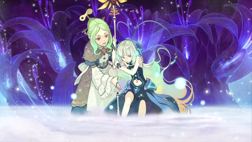 10s, 2girls, atelier_(series), atelier_escha_&amp;_logy, clone_(atelier), dress, female_focus, flameu_(atelier), flower, game_cg, green_hair, hand_on_another's_shoulder, hidari_(left_side), holding, horns, light_particles, long_hair, long_sleeves, multicolored_hair, multiple_girls, navel, official_art, open_mouth, staff, standing, very_long_hair, wide_sleeves