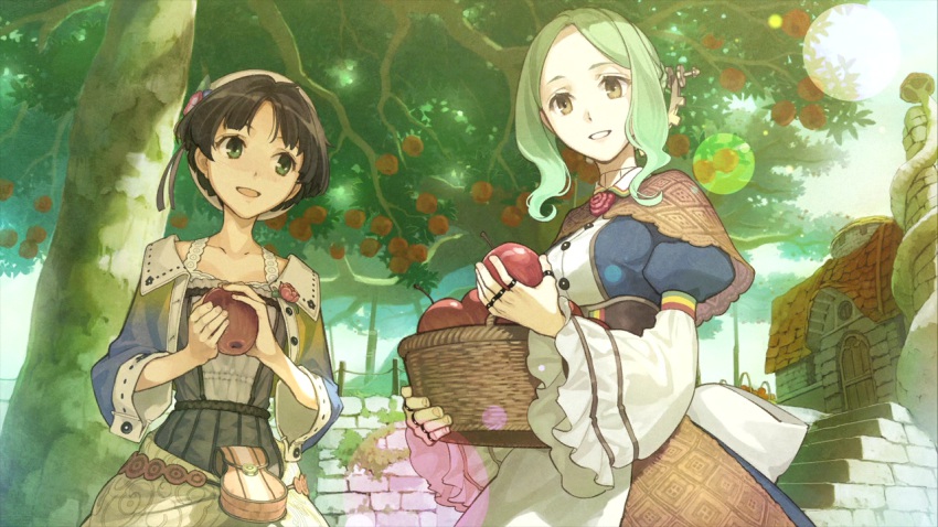 10s, 2girls, :d, apple, atelier_(series), atelier_escha_&amp;_logy, basket, brown_hair, building, clone_(atelier), collarbone, day, dress, female_focus, food, fruit, game_cg, green_eyes, grin, hat, hidari_(left_side), holding, holding_food, holding_fruit, house, lens_flare, long_hair, long_sleeves, multiple_girls, nio_altugle, official_art, open_mouth, outdoors, parted_lips, short_hair, sleeve_cuffs, smile, swept_bangs, tree, wide_sleeves, yellow_eyes