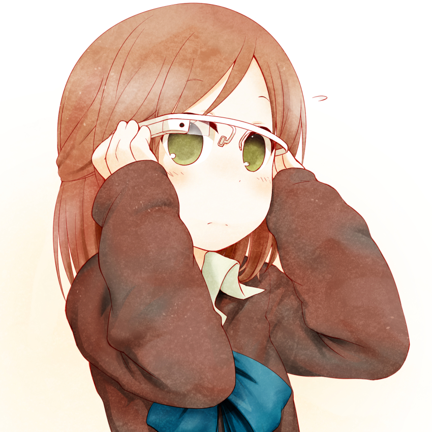 10s, 1girl, arms_up, bad_id, bad_pixiv_id, blush, brown_hair, cardigan, fujimiya_kaori, glasses, google, google_glass, highres, isshuukan_friends, school_uniform, sweatdrop, takeda_yukimura