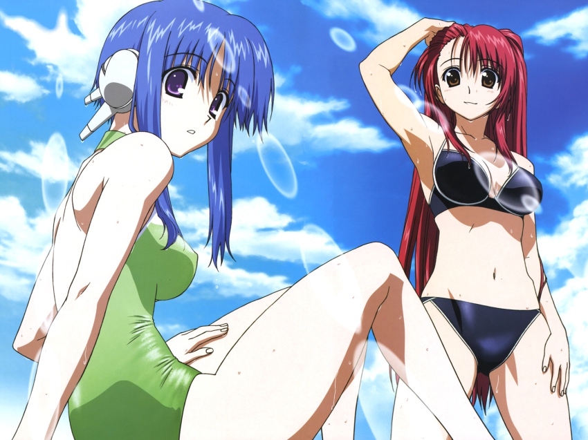 2girls, android, arm_behind_head, arm_up, armpits, back, bare_shoulders, bikini