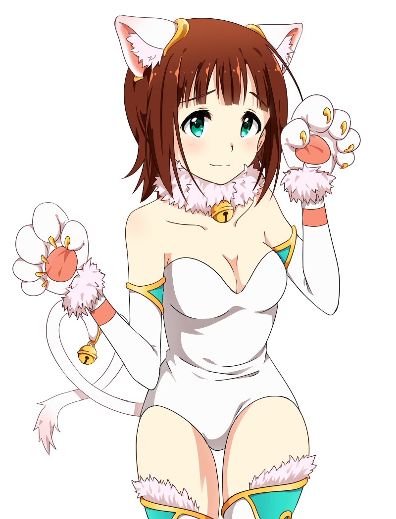 1girl, amami_haruka, animal_costume, animal_ears, animal_hands, bell, brown_hair, cat_costume