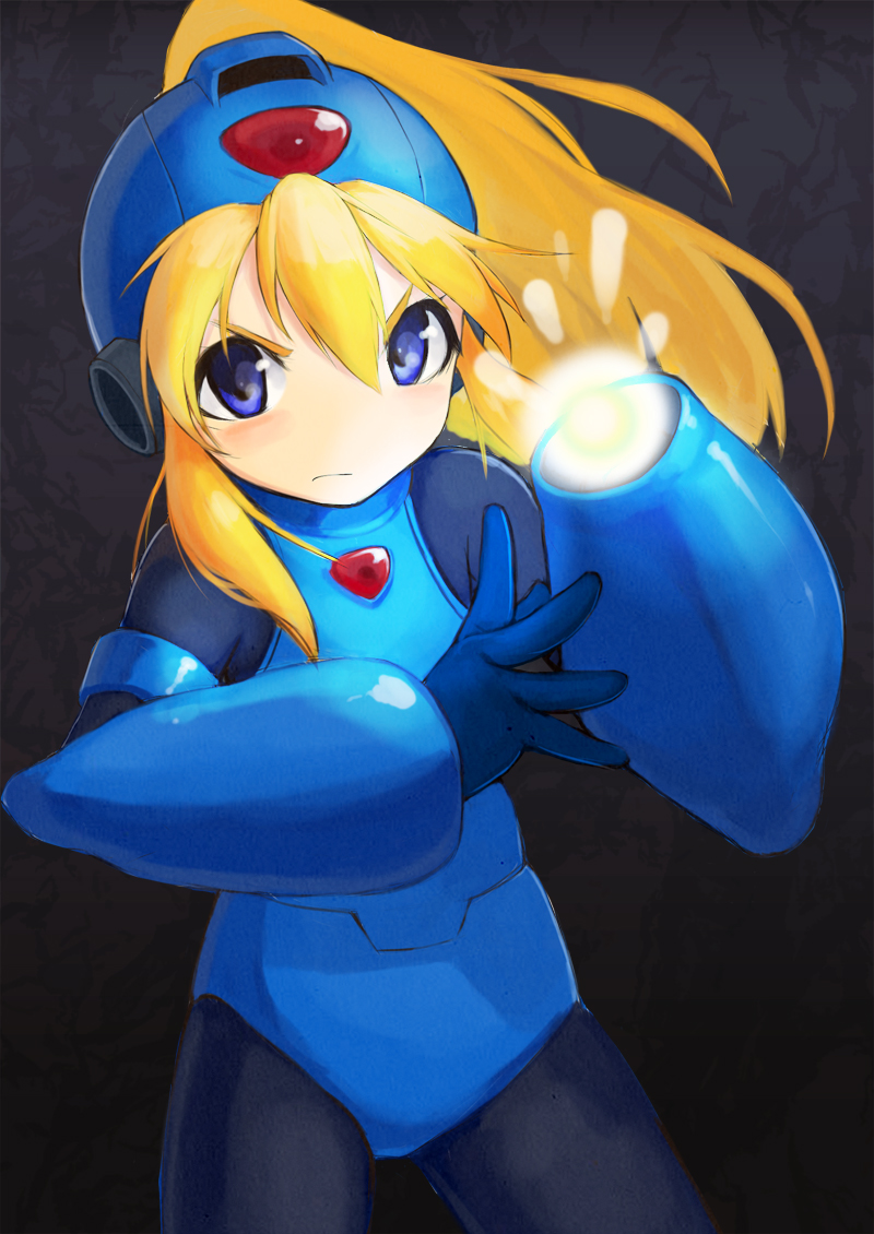 1girl, android, arm_cannon, black_background, blonde_hair, blue_eyes, bodysuit, cowboy_shot