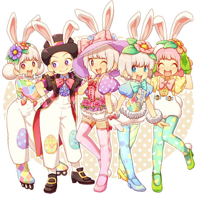 5girls, :d, ;d, ^_^, animal_ears, asymmetrical_footwear, blue_eyes, bow, brown_eyes, rabbit_ears, closed_eyes, disney, easter_wonderland, end_bunny_(disney), fishnet_legwear, fishnets, flower, full_body, gloves, hair_flower, hair_ornament, hat, high_heels, kiri_futoshi, knees_together_feet_apart, mismatched_footwear, multiple_girls, one_eye_closed, open_mouth, pom_pom_(clothes), print_legwear, purple_eyes, roller_skates, round_teeth, short_hair, side-by-side, skates, skindentation, smile, source_request, teeth, thighhighs, top_hat, white_hair, wink