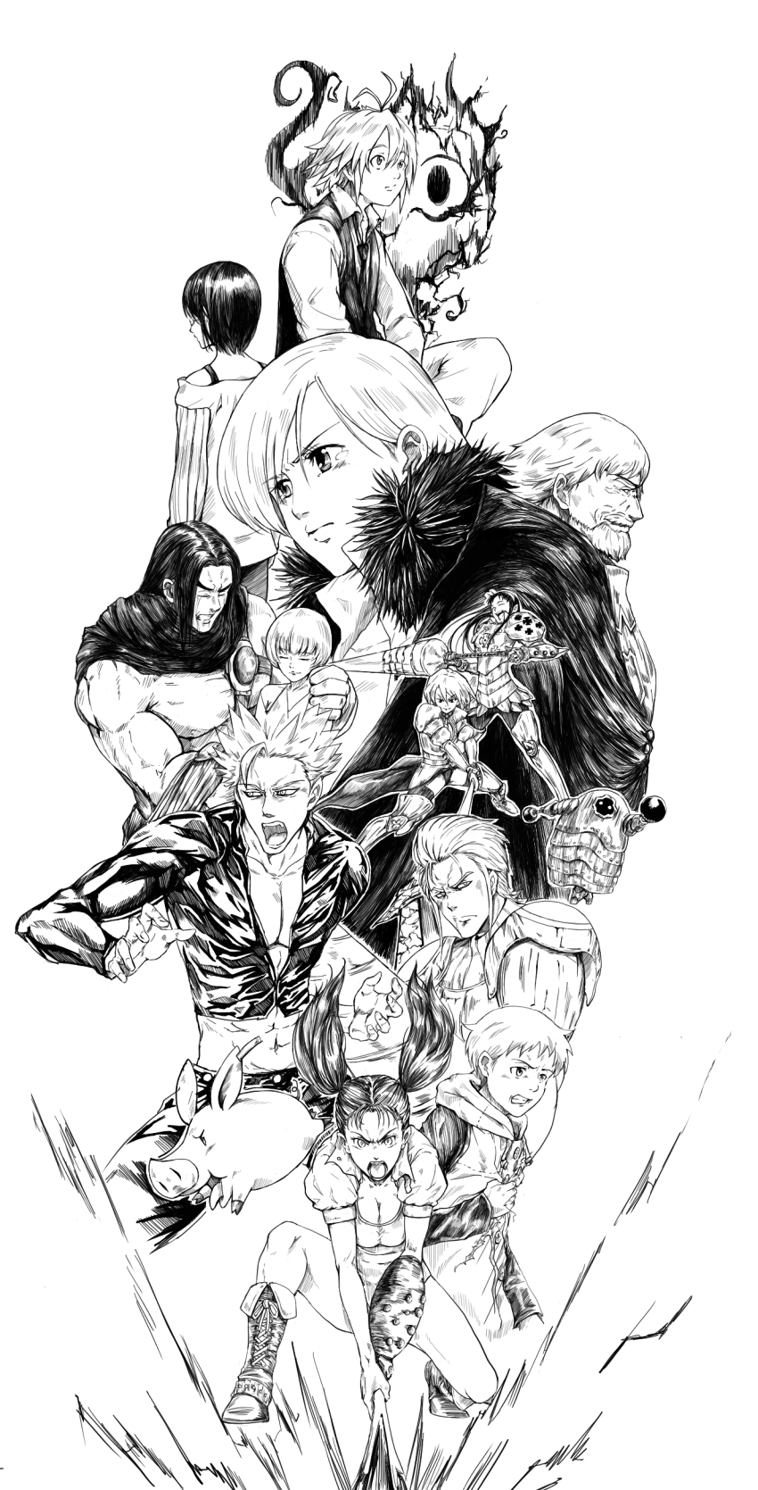 10s, 5girls, 6+boys, absurdres, animal, ban_(nanatsu_no_taizai), closed_eyes, diane_(nanatsu_no_taizai), elizabeth_liones, eyelashes, gowther, greyscale, griamor, guila, hauser_(nanatsu_no_taizai), hawk_(nanatsu_no_taizai), helbram, highres, hu-raiki2, jacket, jericho_(nanatsu_no_taizai), king_(nanatsu_no_taizai), lance, leather, leather_jacket, leather_pants, leoneth_elizabeth, long_hair, md5_mismatch, meliodas, monochrome, multiple_boys, multiple_girls, nanatsu_no_taizai, open_mouth, pants, pig, polearm, serious, short_hair, simple_background, sword, takasakiyama_monmon, tears, twintails, veronica_liones, weapon, white_background