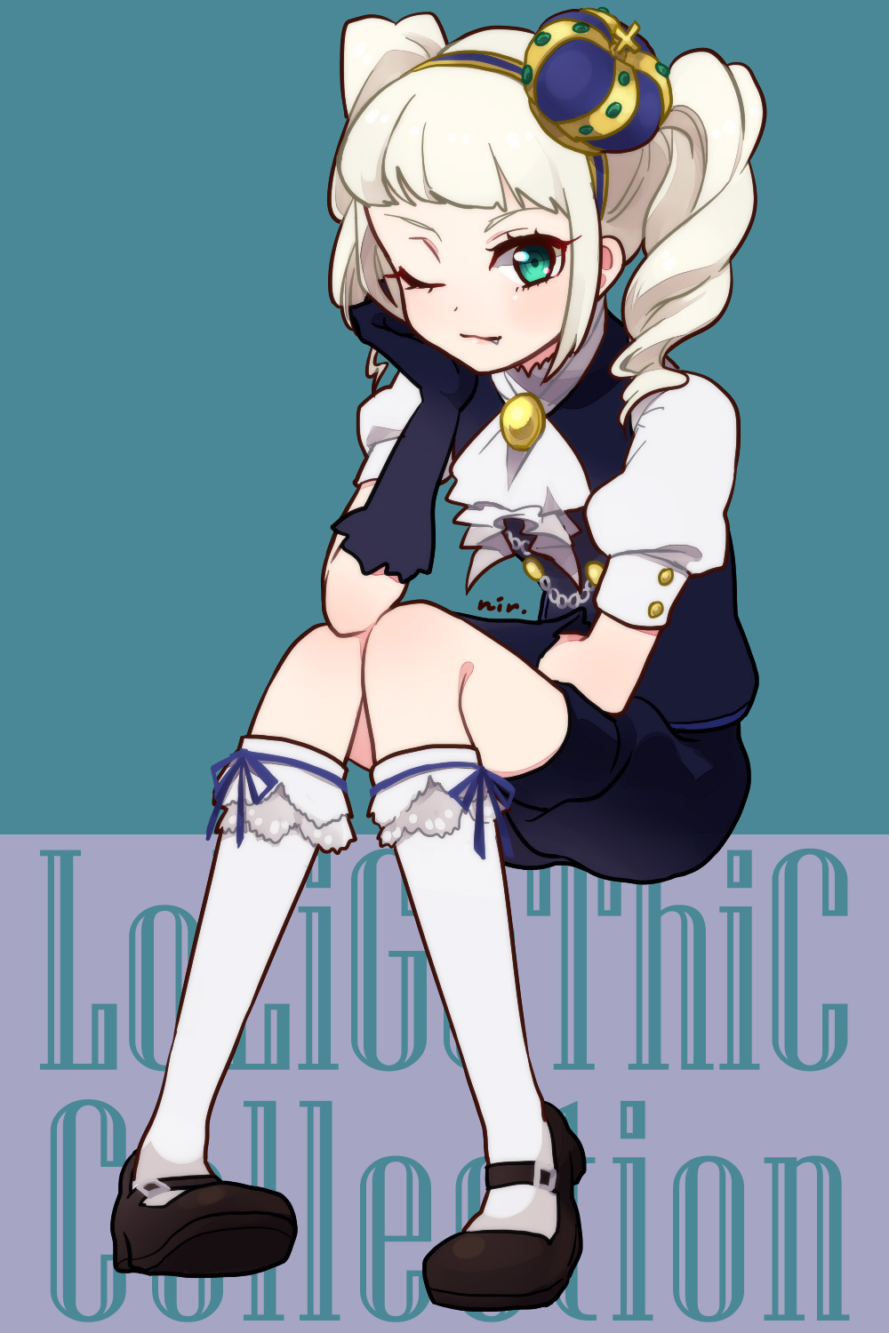 10s, 1girl, aikatsu!, aikatsu!_(series), blonde_hair, crown, drill_hair, fang, female_focus, full_body, gloves, green_eyes, hair_ornament, highres, ichimatsu_(niru), long_hair, looking_at_viewer, mary_janes, mini_crown, puffy_sleeves, ribbon, shoes, simple_background, solo, todo_yurika, twin_drills, twintails