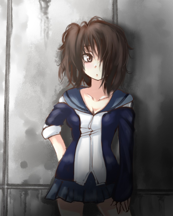 1girl, bad_id, bad_pixiv_id, blue_skirt, brown_eyes, brown_hair, cardigan, coppelion