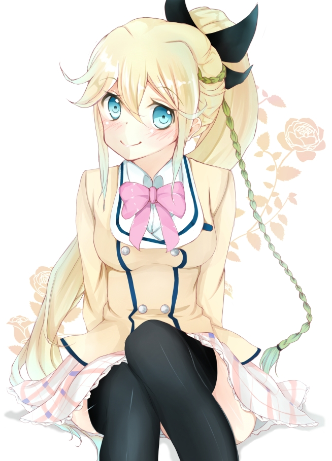 10s, 1girl, arms_behind_back, bad_id, bad_pixiv_id, black_thighhighs, blonde_hair, blue_eyes