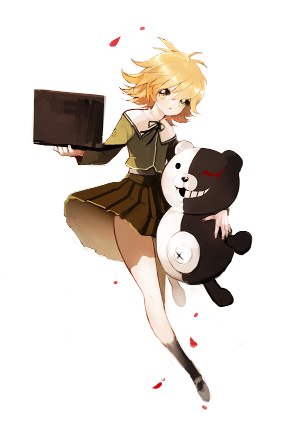 10s, 1boy, bad_id, bad_pixiv_id, brown_eyes, brown_hair, computer, crossdressing, crossdressing_(mtf), danganronpa:_trigger_happy_havoc, danganronpa_(series), fujisaki_chihiro, grin, laptop, machi_(komac), male_focus, monokuma, smile, solo, swissmissmachi, trap, yellow_eyes