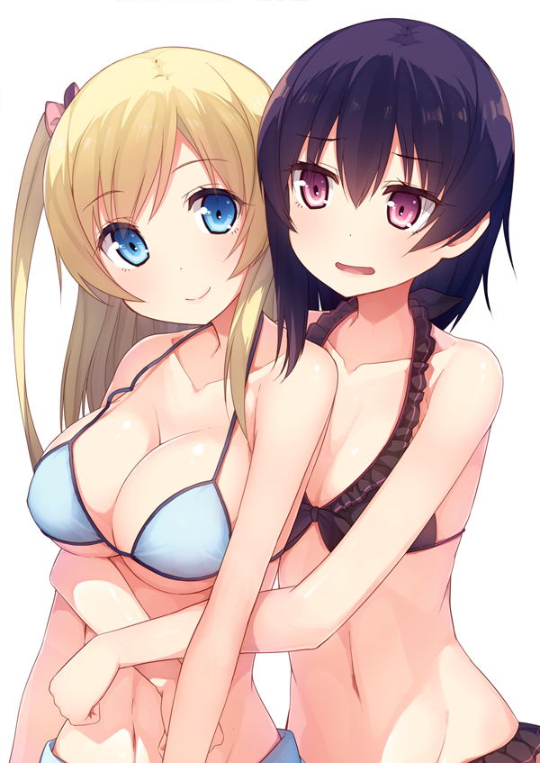 2girls, bare_shoulders, bikini, black_bikini, black_hair, blonde_hair, blue_bikini, blue_eyes