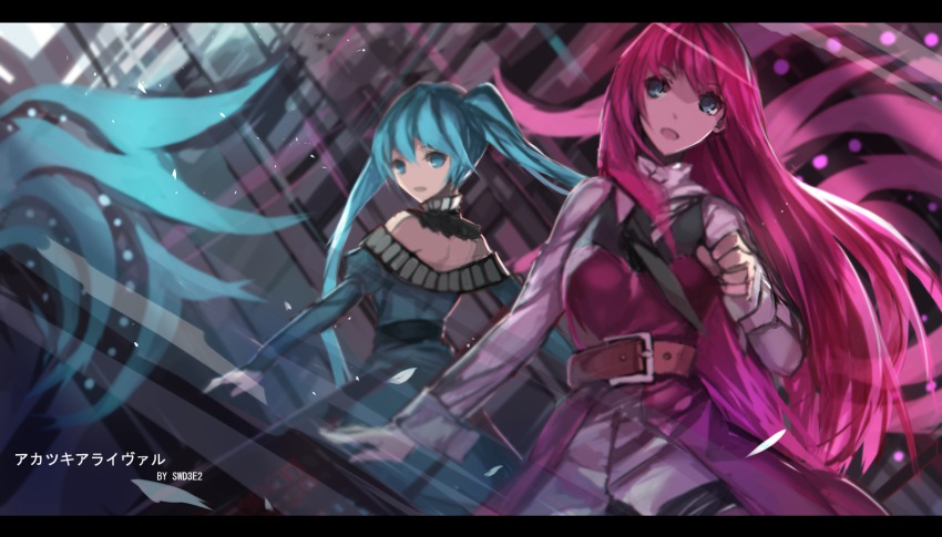 2girls, akatsuki_arrival_(vocaloid), aqua_eyes, aqua_hair, artist_name, bad_id, bad_pixiv_id, belt, dress, hatsune_miku, letterboxed, long_hair, megurine_luka, multiple_girls, red_hair, swd3e2, twintails, very_long_hair, vocaloid