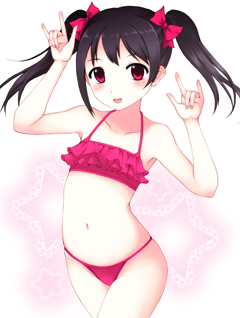 10s, 1girl, bikini, black_hair, blush, child, collarbone, female_focus, flat_chest, frilled_bikini, frills, long_hair, love_live!, love_live!_school_idol_project, m/, navel, neuron_(exceed), nico_nico_nii, red_eyes, ruffle_bikini, solo, stomach, swimsuit, twintails, yazawa_nico