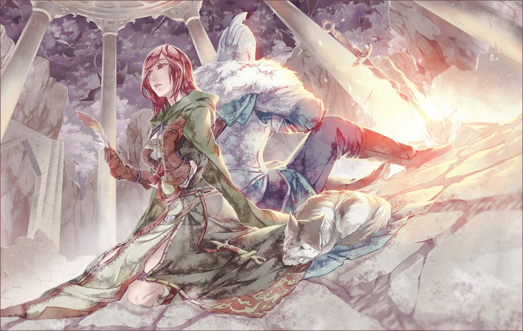 1girl, armor, back-to-back, bad_id, bad_pixiv_id, belt, belt_skirt, bonfire